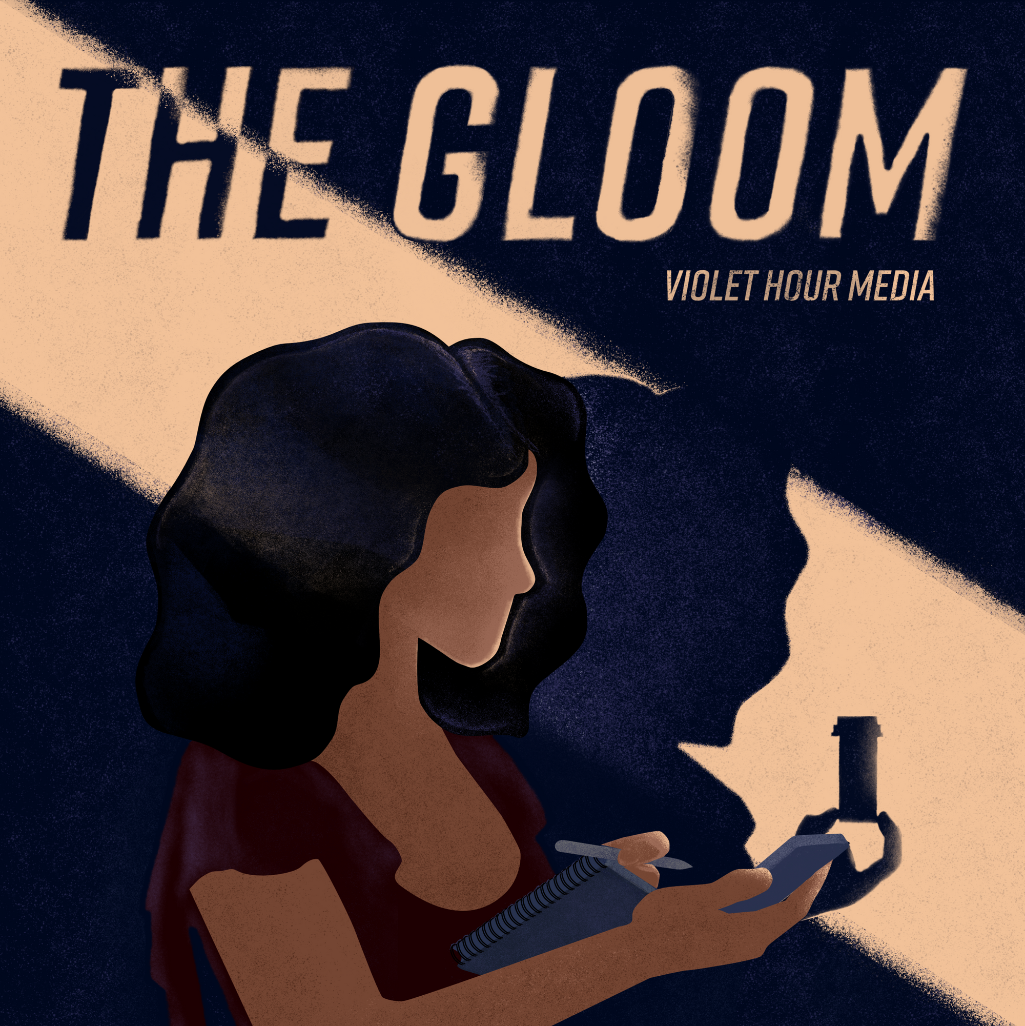 Cover art for The Gloom. A lineless, featureless digital painting of a medium-brown-skinned Black woman holding a notebook, pen, and recorder. The shadow cast on the wall behind her by a streak of beige light doesn't match her; instead it provides the vague outline of someone holding up a prescription pill bottle. The words THE GLOOM appear at the top in large capital letters; "Violet Hour Media" appears slightly to the right and below it in smaller text. 